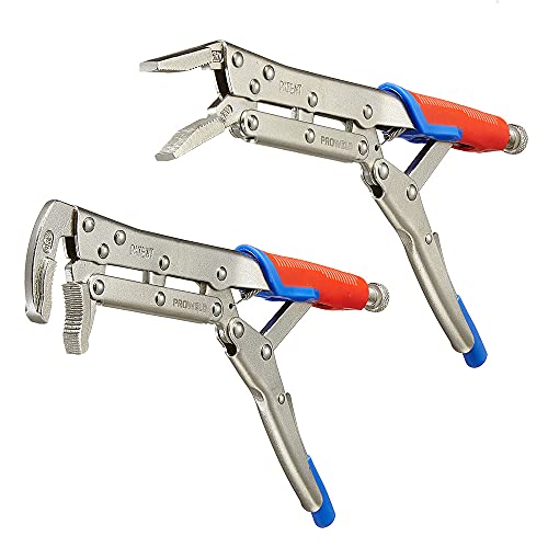 PROWELD 12-Inch (300 mm) Straight + 80 Degrees Head Extended Reach Locking Pliers Set, Fast Release Design, CRV Steel