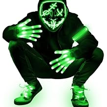 AMENON 4 Set Halloween LED Mask Light Up Gloves Shoelaces Armbands Light Up Scary Mask Halloween Costume Cosplay Party for Adult