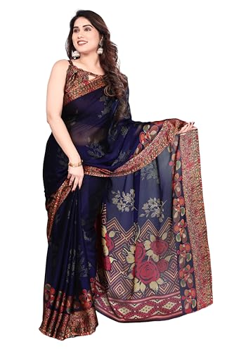 Image of SUPERLAXMI Women's Chiffon Floral Printed Saree with Blouse Piece