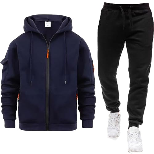 Mymyguoe Ropa de gimnasio para hombre, chándal y chándal de 2 piezas, traje deportivo con capucha, chaqueta ligera con capucha, pantalones de chándal transpirables, 2 piezas, azul marino, XXL