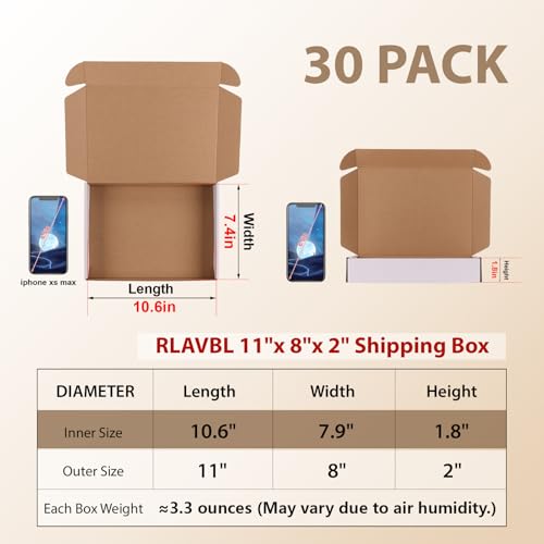 Image of RLAVBL 11x8x2 Shipping Boxes Set of 30, White Corrugated Cardboard Mailer Box for Packing Mailing Small Business