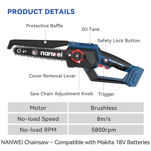 Image of NANWEI Battery Chainsaw 8 Inch,Brushless,Cordless Chainsaw with 2x4.0A Batteries,8 Inch Handheld Chainsaw, 6 /8 inch Chainsaw,Chain Saw for Tree Pruning,Wood Cutting