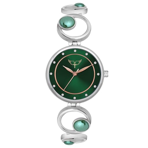 WHITE BIRD Style Up Quartz Analog Mother of Pearl Metal Strap Watch for Women (Silver D Green)