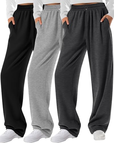 Neer 3 Pack Womens Wide Leg Sweatpants Elastic High Waisted Baggy Long Pant Casual Lounge Yoga Drawstring Jogger with Pockets