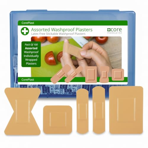Core Medical Washproof Latex Free Plasters - Assorted Pack of 100 in Reusable Hard Box - Waterproof and Great stickability