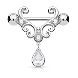 Pair of CZ Tear Drop Dangle Heart 14K Gold Plated Nipple Rings Barbell 14g 9/16' - Silver