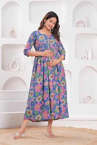 Image of Women's Feeding Kurta Cotton | Floral Anarkali Pregnancy Kurta with Nursing Zipper | Pre & Post Partum | Maternity Dresses | Mom to Be Gift
