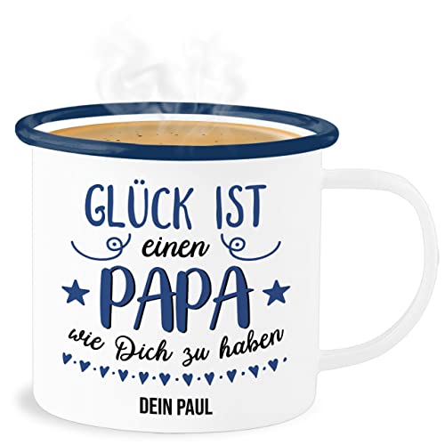 Emaille Becher Blechbecher - zum - Glück ist einen Papa wie Dich zu haben I Papa Geschenk Vatertag - 300 ml - Weiß Blau - tasse vatertagsgeschenk vater es tassen für vatertagsgeschenke als