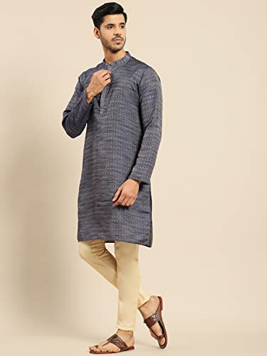 Image of Men's Black Art Silk Regular Fit Ethnic Motifs Kurta | Indian Kurta | Festive Ethnic Kurta with Embroidered Packet