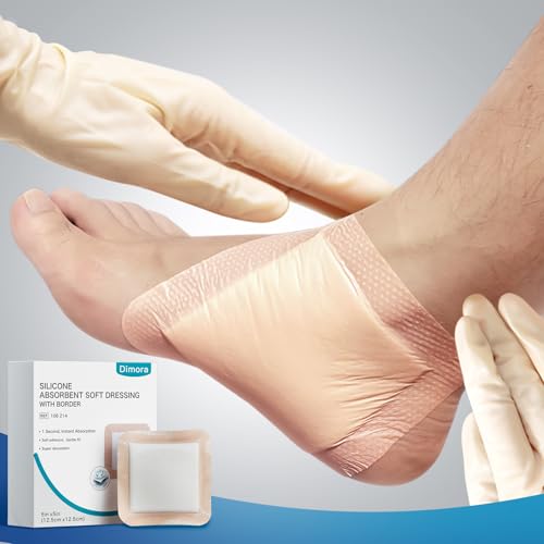 Image of Dimora 20 Count Silicone Super Absorbent Wound Dressing - Gentle Border 5 inch x 5 inch Adhesive Bandages for Diabetic Foot Ulcers, Heavy Exudate Wound Care Pads with Ultrasorb Polymer