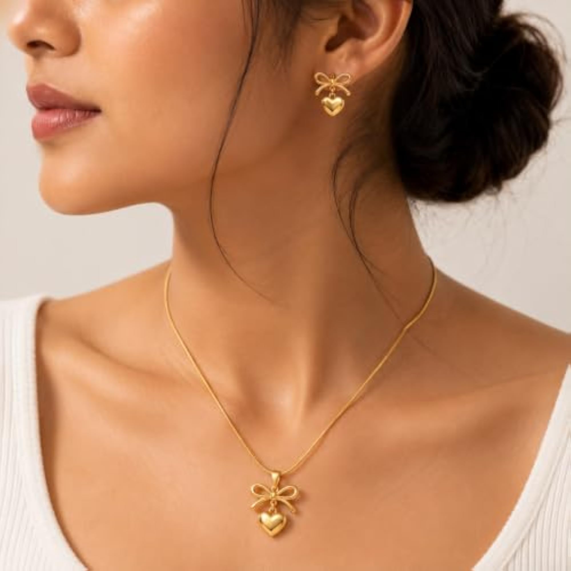 Gold Plated Bow and Heart Necklace and Earrings Set