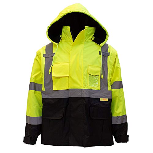 Troy Safety New York Hi-Viz Workwear Men's Ansi Class 3 High Visibility Safety Bomber Jacket with Zipper, PVC Pocket, Black Bottom, Qty1 (3XL, Lime Green)