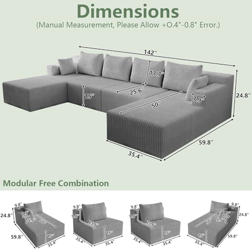 Image of 142 inch Cloud Sectional Boneless Couches for Living Room, Modular U Shaped Couch with 2 Chaise, Modern Comfy Deep Seat Corduroy Memory Foam Compressed Sofa for Apartment, Light Grey