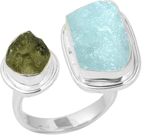 FULA JEWELS Natural Rough Moldavite Ring & Aquamarine Ring 925 Sterling Silver Gemstone Jewelry Certifed Moldavite From Czech Republic Gift for her Womens Handmade Jewelry (8)