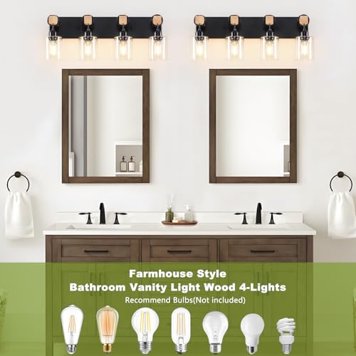 Image of Licperron 4-Lights Farmhouse Vanity Lights for Bathroom, Matte Black Bathroom Light Fixtures with Clear Glass Shade, Rustic Wood Wall Lighting Fixtures Over Mirror for Bedroom, Living Room, Hallway
