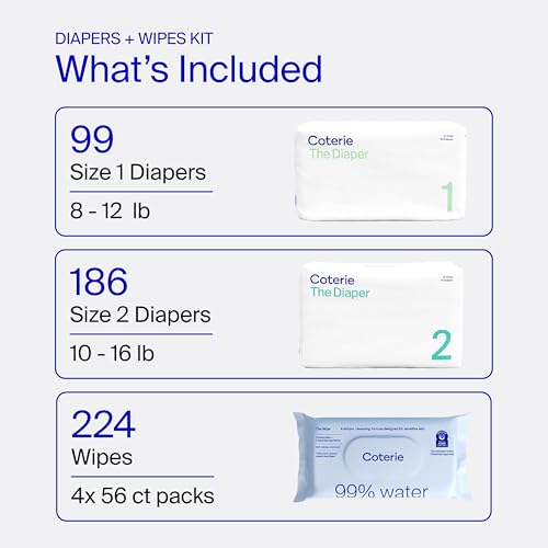 Image of Coterie Baby Wipes + Diapers Kit, Size 1 & Size 2 Diapers, 4-Pack Wipes
