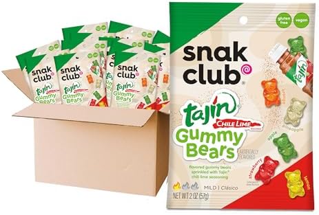 Snak Club Tajin Gummy Bears, Assorted Fruit Candy Gummies with Chili and Lime Seasoning, Mild, Gluten-Free and Vegan Snacks, 2 oz Snack Bags, 12 Pack