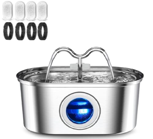 FLOMERO Cat Water Fountain, 3.2L/108oz Stainless Steel Pet Water Fountain for Cats Inside Drinking, Automatic Dog Cat Water Dispenser with Water Level Window (Steel, REC 2-3L+ 4 Filters)