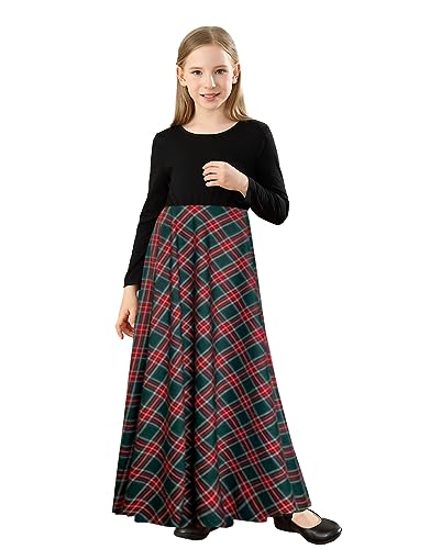 Image of KYMIDY Girl Maxi Dress Kids Casual Buffalo Check Plaid Long Sleeve Dresses with Pockets(6-14yrs)