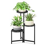 iDavosic.ly 3 Tier Folding Plant Stand Indoor Outdoor with Plastic Tray, Tiered Corner Flower Holder Shelf, Metal Orchid Display Rack for Patio Porch Living Room Garden Balcony, Modern Black