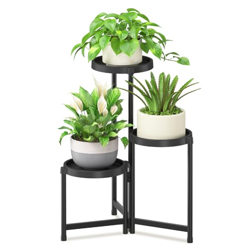 iDavosic.ly 3 Tier Folding Plant Stand Indoor Outdoor with Plastic Tray Tiered Corner Flower Holder Shelf Metal Orchid Display Rack for Patio Porch Living Room Garden Balcony Modern Black