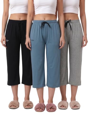 Image of Fflirtygo Women's Cotton Plain Calf Length Capri | Nightwear Pajama | 3 /4th Solid Pyjama Pant | Black Navy and Lavender Lounge Pants | Casual wear & Lounge Wear Capri Combo (Pack of 3)