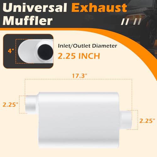 Image of A-KARCK Universal Exhaust Muffler 2.25 inch Offset Inlet 2.25 inch Dual Outlet, 17.3 inch Overall Length Aluminized Steel Aggressive Sound Race Muffler for Cars, Trucks