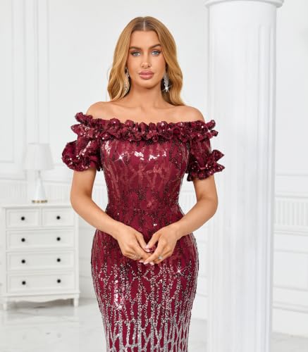 Image of dasmzper Women Sexy Sequin Off Shoulder Ruffle Short Sleeve Bodycon Mermaid Party Formal Evening Maxi Dress