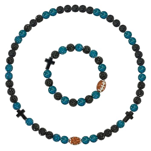 NUSTTAL Football Cross Beaded Necklace Bracelet Set for Men Women 18 Inch - Rhinestone Rugby Ball Sport Jewelry Clay Discoball Trendy Sport Fan Collection Gifts for Football Team Players Lovers-Black/Teal