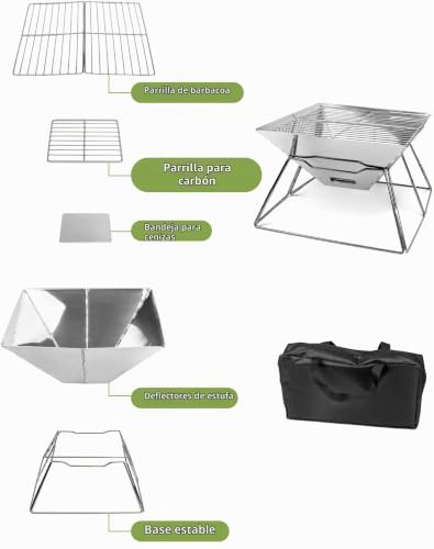 Miniatura 4 de Qwork Cuenco De Fuego Plegable Para Acampar Cesta De Fuego De Acero Inoxidable Para Jardín Camping Actividades Al Aire Libre Cuadrado