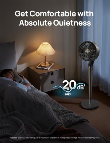 Image of DREO Fan for Bedroom, 120+100 Omni-Directional Oscillating Fan, 25ft /s, DC Motor, 20 dB Quiet Standing Pedestal Fans, 9 Speeds, 6 Modes, Remote, 37-42 inch Adjustable Height, Grey, Wi-Fi /Voice Control