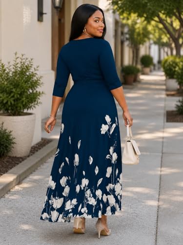 Image of SUZONANA Plus Size Dresses for Women Floral Print Maxi Dress Flowy 3 /4 Sleeve with Belt