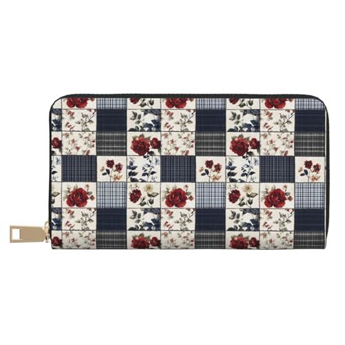 Retro Floral Plaid Print Wallet Women Men, Long PU Leather Wallets for Women, Cute Womens Travel Wallet Purse Pouch with Zipper Pocket