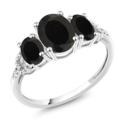 Gem Stone King 2.08 Cttw 10K White Gold Black Onyx and Diamond Accent 3-Stone Engagement Ring | Oval 8X6MM and 6X4MM | 3 Stone Wedding Anniversary Promise Ring For Women