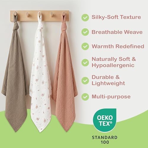 Image of Organic Muslin Baby Blanket 3-Pack Olive, Cinnamon & Wildflower, 38x40 Inch 100% Organic Cotton Oeko-TEX Certified Ultra-Soft Swaddle Blankets for Newborn, Baby Girl Shower Gift Set