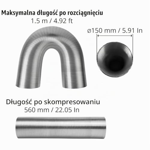 Rura aluminiowa 15 cm / 150 mm – 1,5 m długości, elastyczny przewód wentylacyjny – do suszarek bębnowych, okapów kuchennych, wentylatorów rurowych, klimatyzatorów – wlot powietrza, wąż wylotowy do