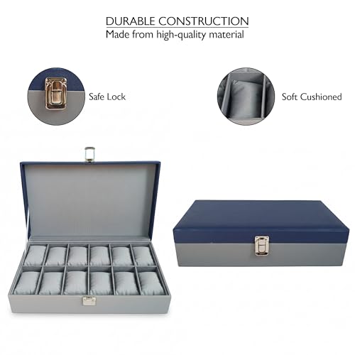 Image of MDF Unisex Faux Leather Watch Organiser Box with 12 Slots | Color: Blue-Gray