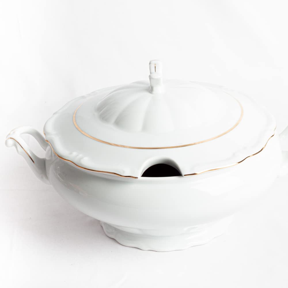 Sopera de porcelana blanca (3 l) Rhein, 1 tapa de porcelana, filo de oro