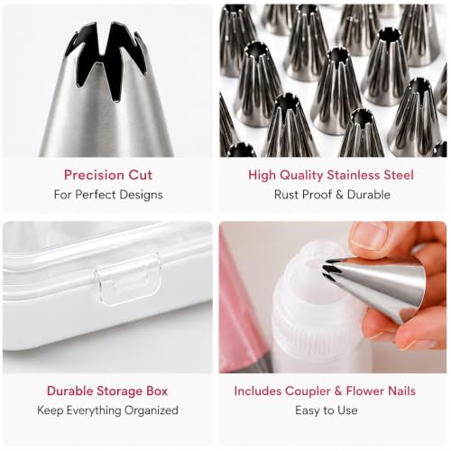 Image of PureBake 26 Pcs Cake Decorating Set, Nozzles for Frosting Icing Piping Bag, Used for Pastry, Cakes, Cookies & Muffin Decoration, Reusable Piping Bag, Flower Nail, Included