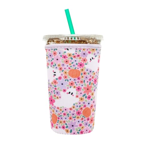 Image of Insulated Neoprene Cup Sleeve for Iced Coffee & Cold Soda - Reusable & Sweatproof, Keeps Drinks Cold Longer, Coffee Coolie for Hot & Iced Drinks (Halloween Ghost & Floral, Medium: 22-24oz)