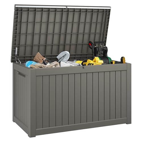 KAMABOKO 230 Gallon Outdoor Storage Box, Resin Deck Boxes Indoor and outdoor, Waterproof Storage Box Lockable Lid for Garden Tools, Package Delivery, Patio Cushions, Grey