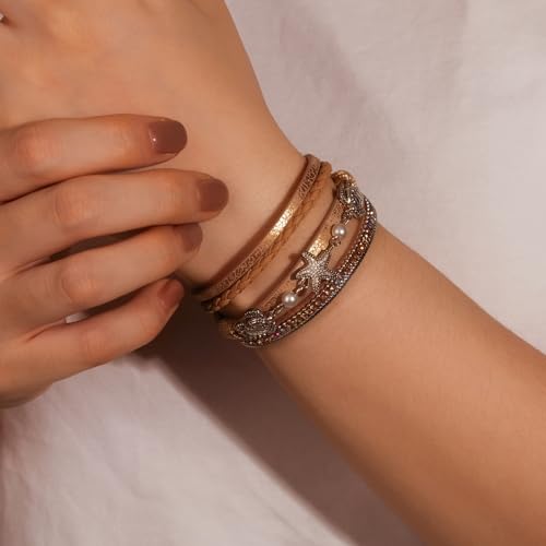 FANCY SHINY Turtle Starfish Leather Wrap Bracelet Boho Rhinestone Pearl Cuff Bracelet with Magnetic Clasp for Women Cute Stackable Layer Summer Ocean Beach Jewelry Gifts(Rose Gold) by FANCY SHINY - Image 3