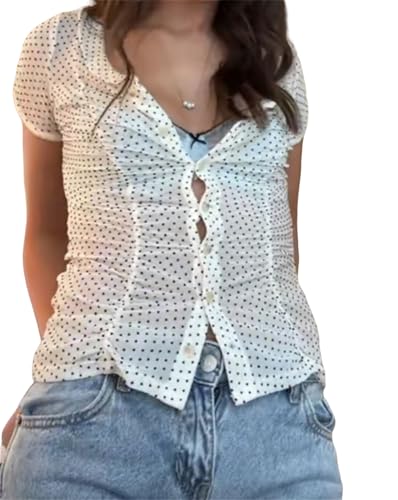 Image of Y2k Girls Vintage Coquette Button Down Shirt Women Short Sleeve V-Neck Slim Fitted T-Shirt Cute Blouse Crop Top