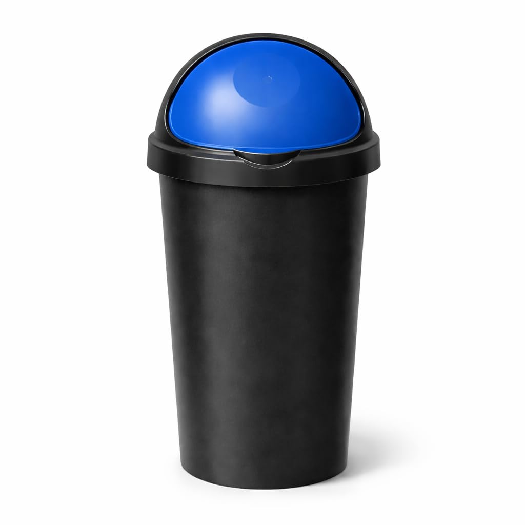 SPECTRAPLAST® 60L Bullet Bin Large Capacity Indoor & Outdoor Waste Bin – Heavy Duty Plastic Rubbish Bin with Flip Lid – Tall Black Base Dustbin for Kitchen, Office & Garden (BLUE)