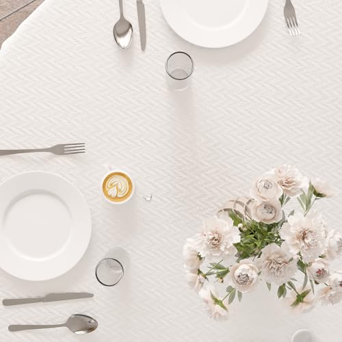 Image of Encasa XO Dining Table Cover Rectangular 142 cm-Round | Waterproof Textured Polyester Dining Table Cloth | Machine Washable Tablecloth | ZZ White