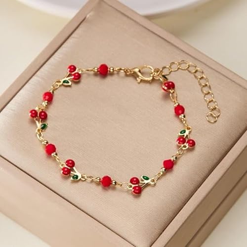 Image of Cherry Bracelet for Women Gold Evil Eye Link Bracelet Dainty Flower Daisy Bracelets Pearl Butterfly Heart Charm Bracelets Adjustable Summer Beach Jewelry