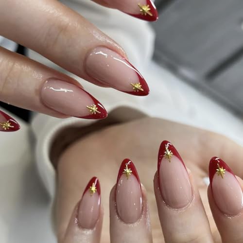 Red French Tip Press on Nails Medium Almond Fake Nails Gold Star Nails Press ons with Design Reusable Artificial Nail Full Cover Glue on Nail Stick on Nails for Women Manicure 24 Pcs