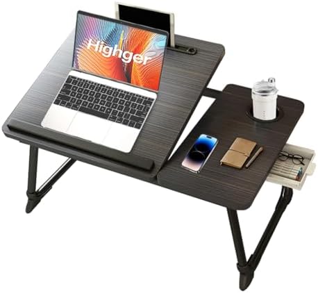 Table de lit pliable avec porte-gobelet et tiroir latéral, plateau pour