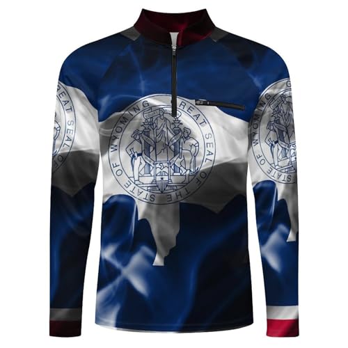 Wyoming State Smoke Flag Men's Rash Guard Long Sleeves Quick Dry Fishing Workout Shirts with Zipper4