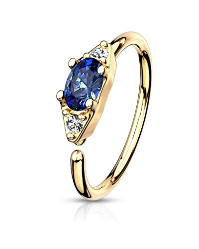 Forbidden Body Jewelry 20G 8Mm Double Cz W/Oval Blue Cz Centered On Bendable 14K Gold Plated Surgical Steel Nose/Rook/Helix Hoop #TOP21